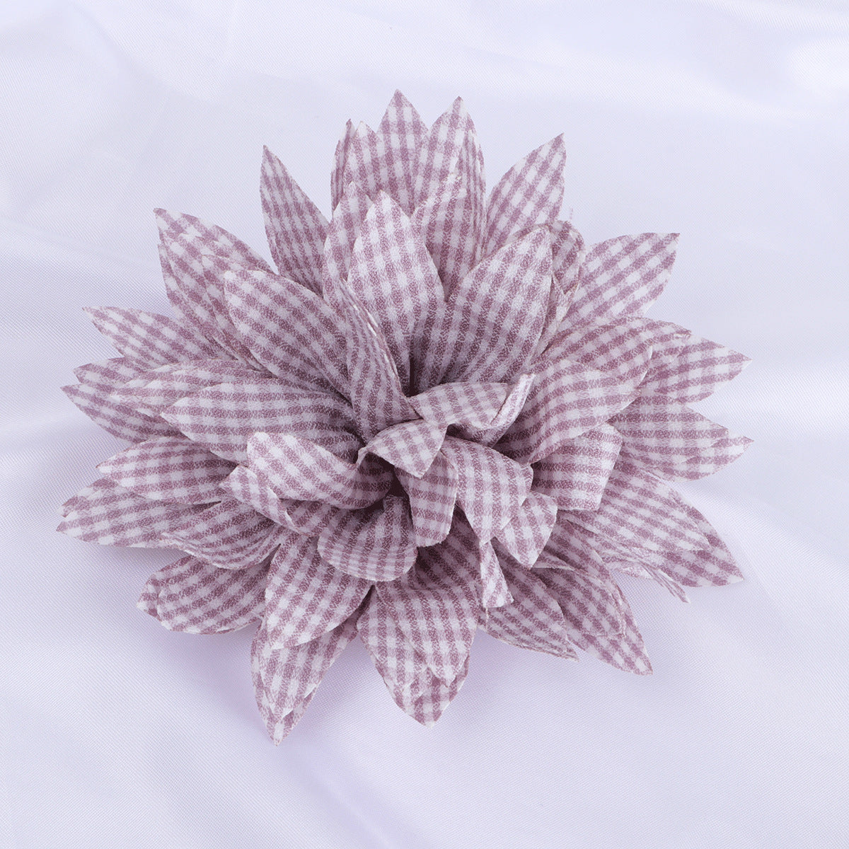 Gingham Print Dahlia Fabric Flower Applique - Pink 13cm