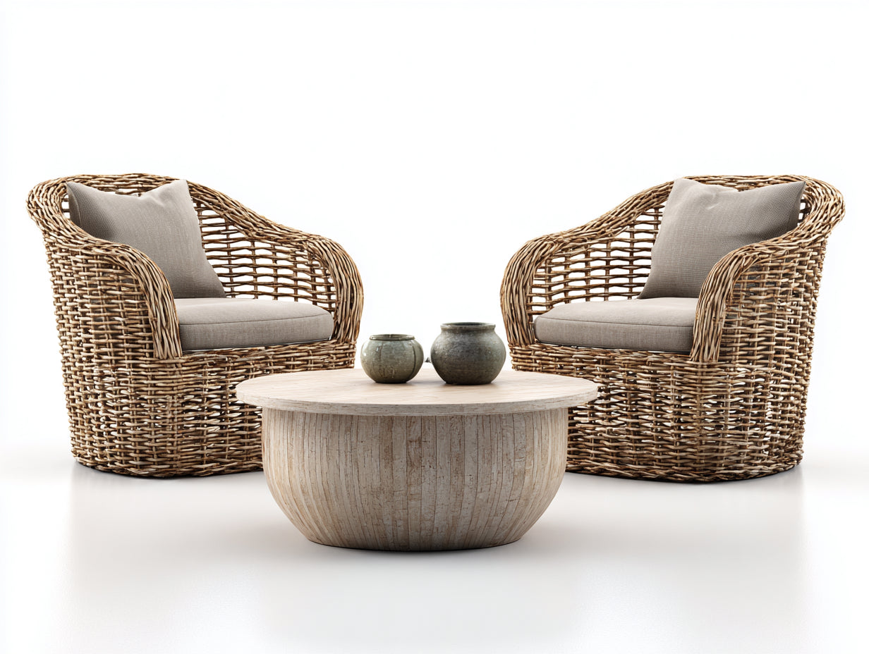 Conjunto de muebles de jardín ratán y madera 70x65x78 cm - marrón - diseño natural para terraza y patio