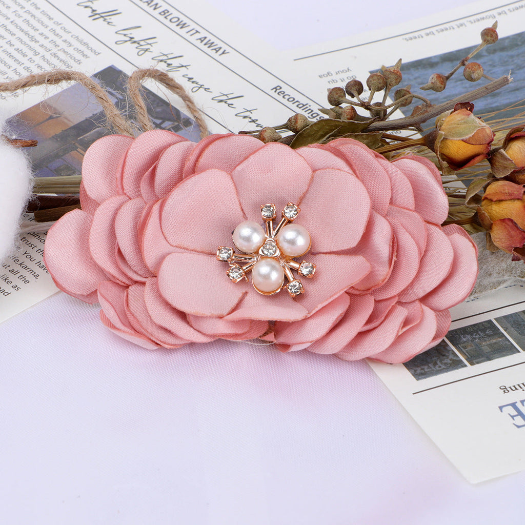 Layered Fabric Flower with Pearl Brooch Center - Navy Blue 8.5CM