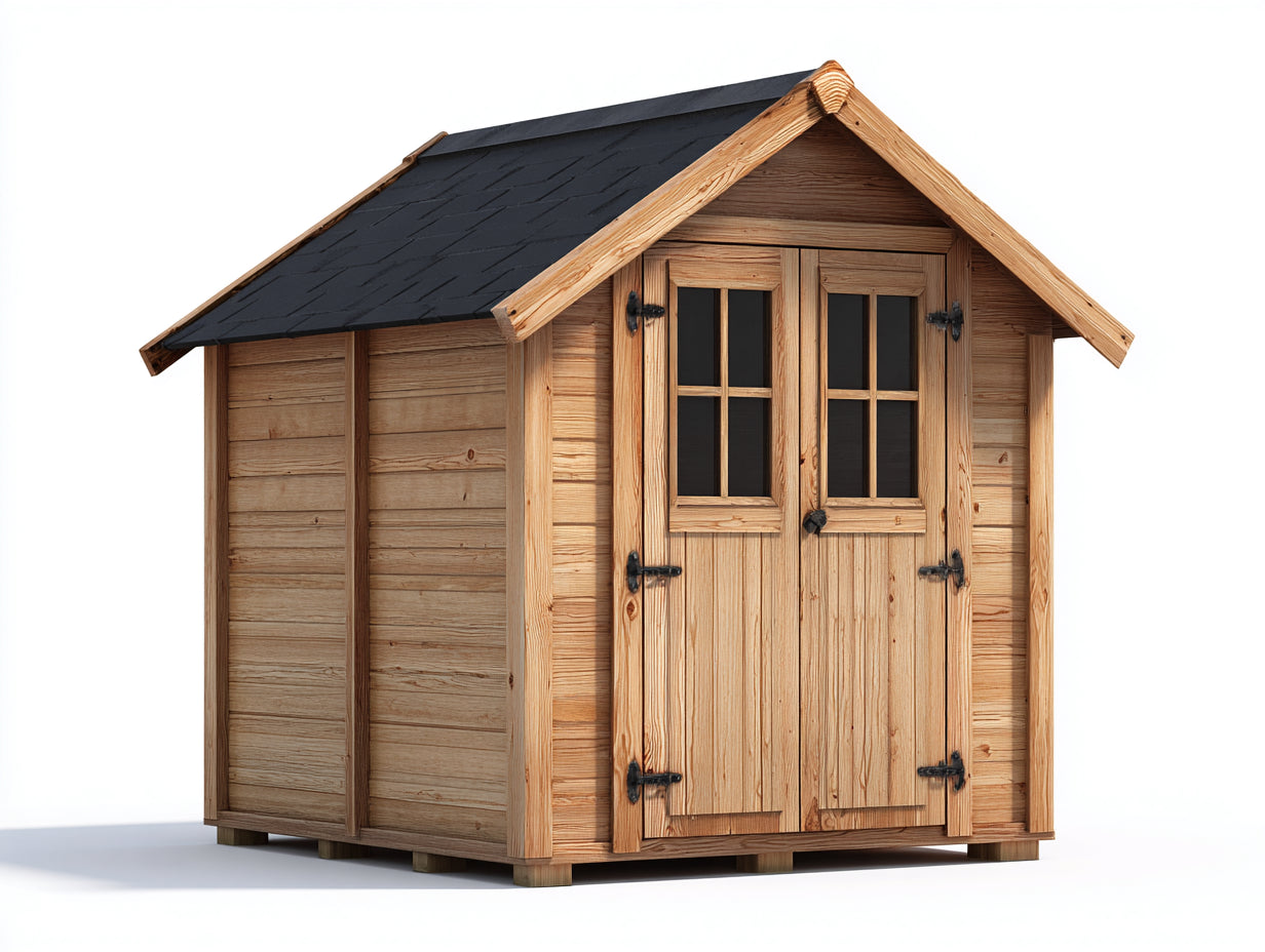 Caseta de jardín de madera 185x162x215 cm - color madera y negro - puertas dobles con ventanas y diseño clásico