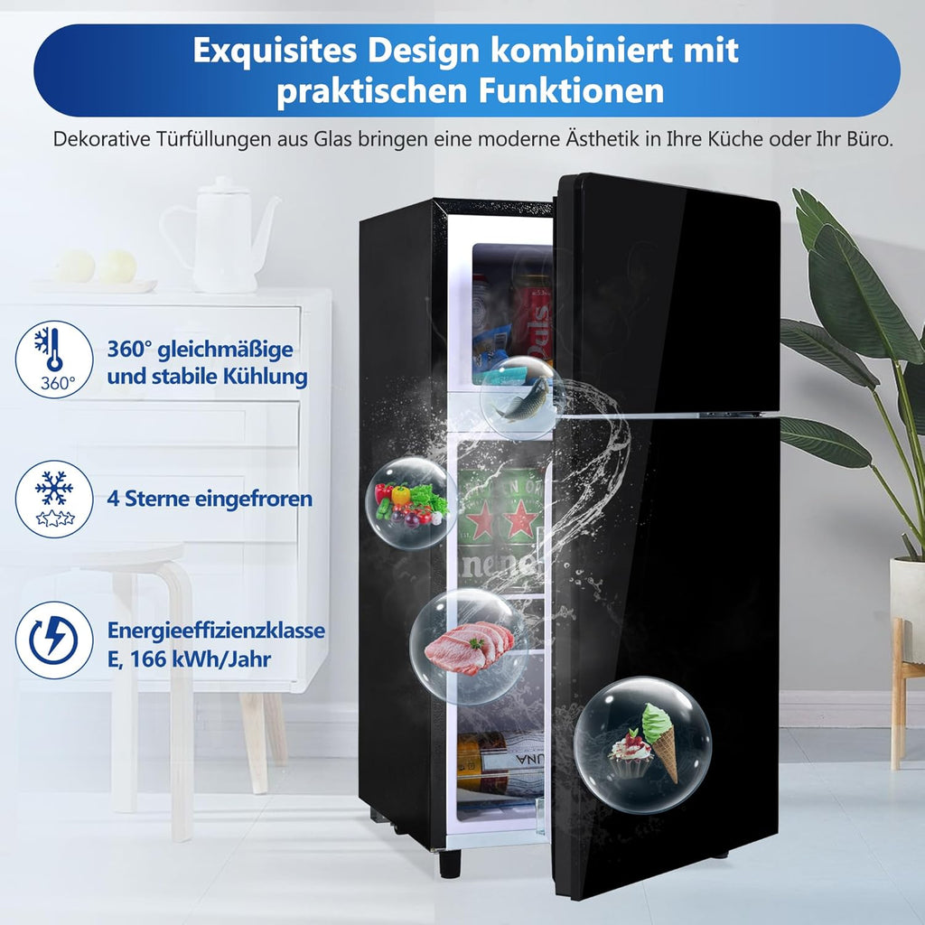 Merax Kühlschrank mit Gefrierfach, Kühl-Gefrierkombination, klein Kühlschrank mit 51L und Gefrierschrank 21L, Leise, LED, Glasablagen, Gemüsefach, Türablagen, für Küche, Wohnzimmer, Büro, Schwarz